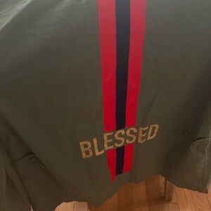 Blessed Olive Utility Jacket with Red and Black Stripes
